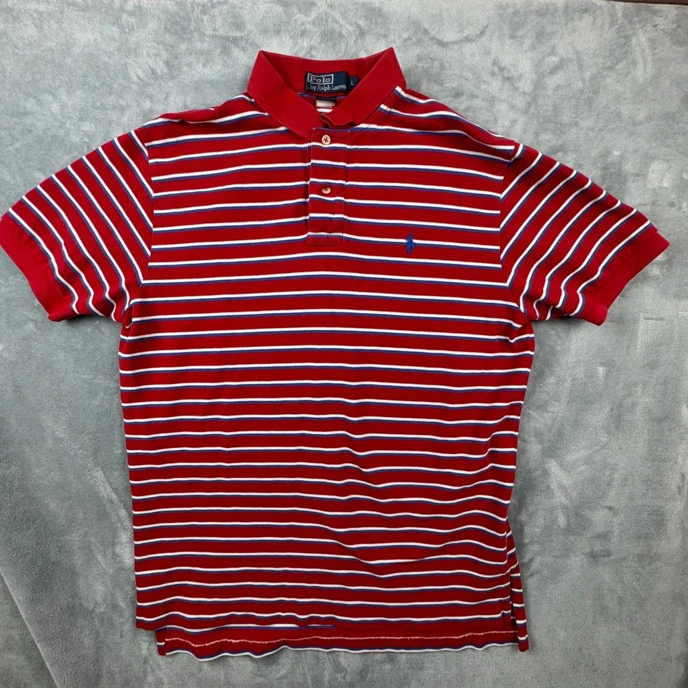 Polo‎ Ralph Lauren Men Lg Red White Blue Striped Short Sleeve Pique Polo Shirt
